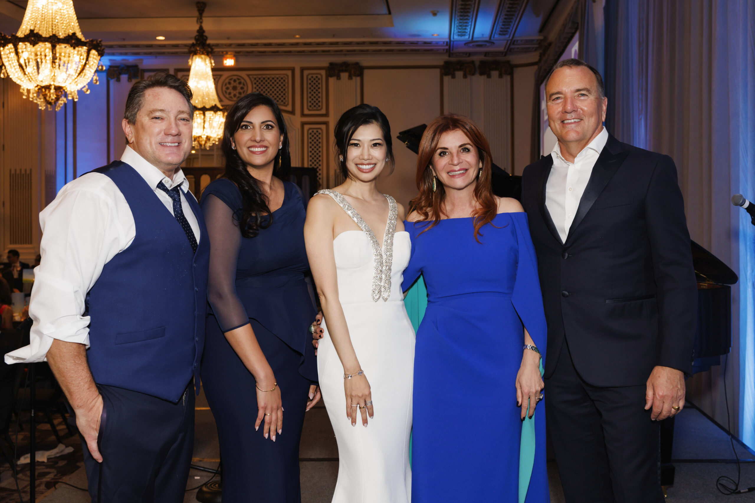 SAN FRANCISCO, CA - October 17 - Liam Mayclem, Pegah Faed, Betty Yu, Farah Makras and Wayne Osborne attend Safe & Sound Blue Ribbon Gala on October 17th 2025 at The Palace Hotel in San Francisco, CA (Photo - Jessica Monroy for Drew Altizer Photography)