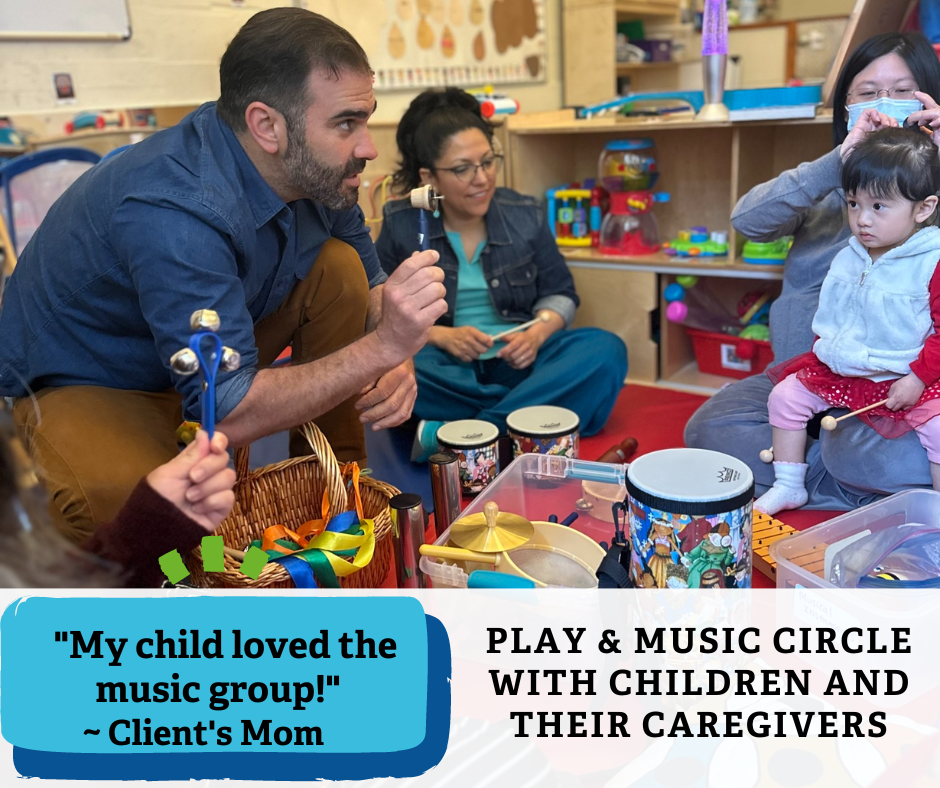 Image of parents and children taking part in the play & music circle - holding instruments and interacting.