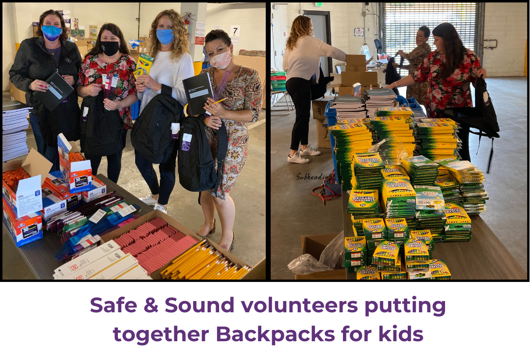Safe & Sound volunteers putting together Backpacks for kids for back to school drive, filled with pens, pencils, erasers, glue sticks, notepads and rulers.
