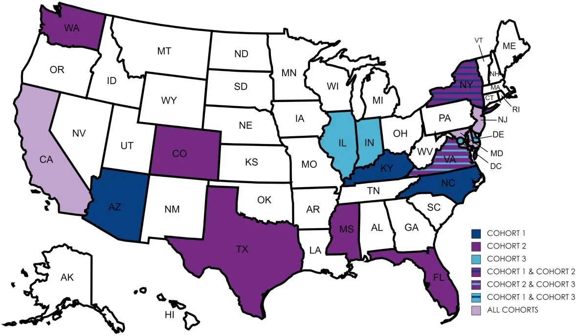 Map of the USA showing the State location of the participating practices in each cohort.