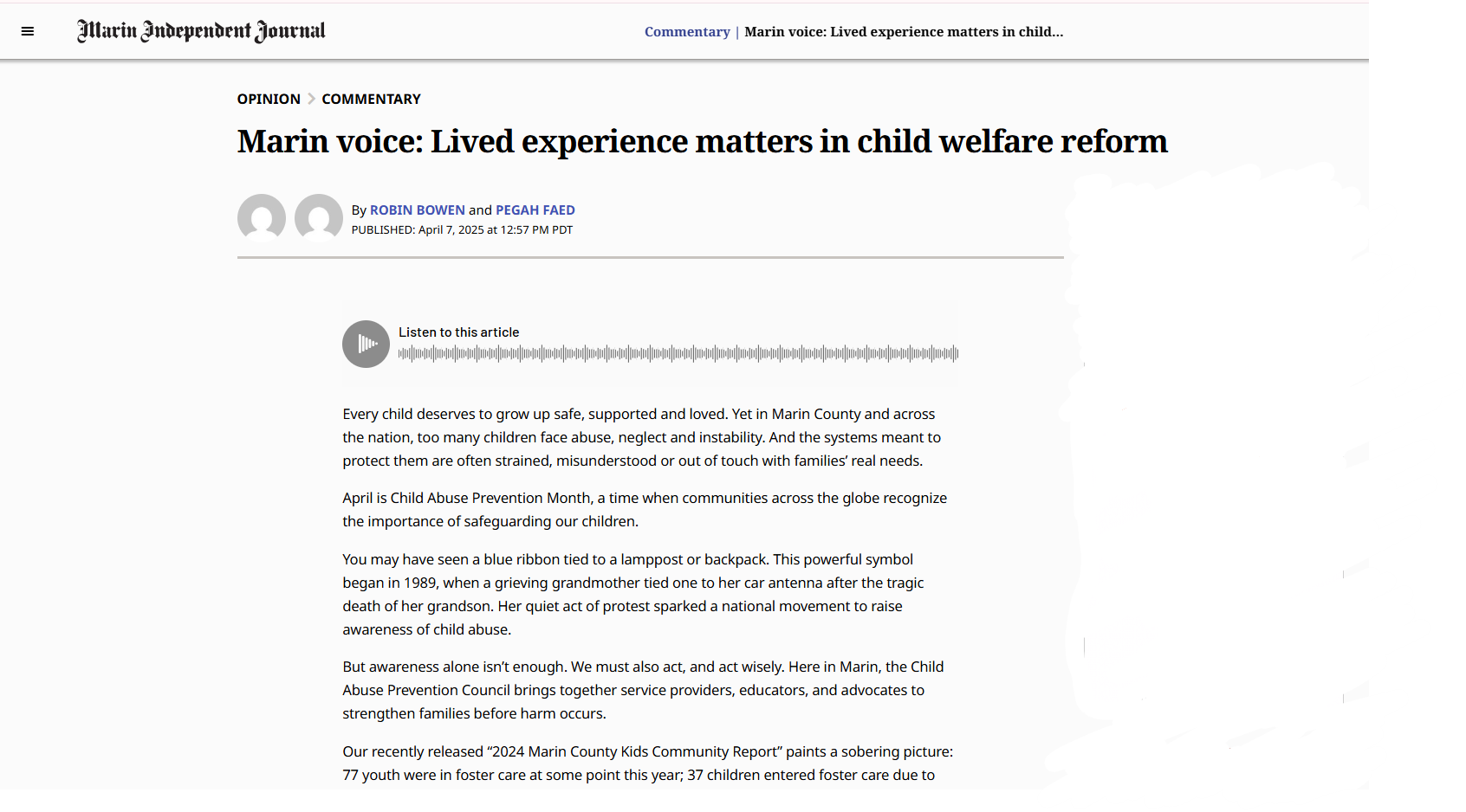 A screengrab of an article in Marin Independent Journal