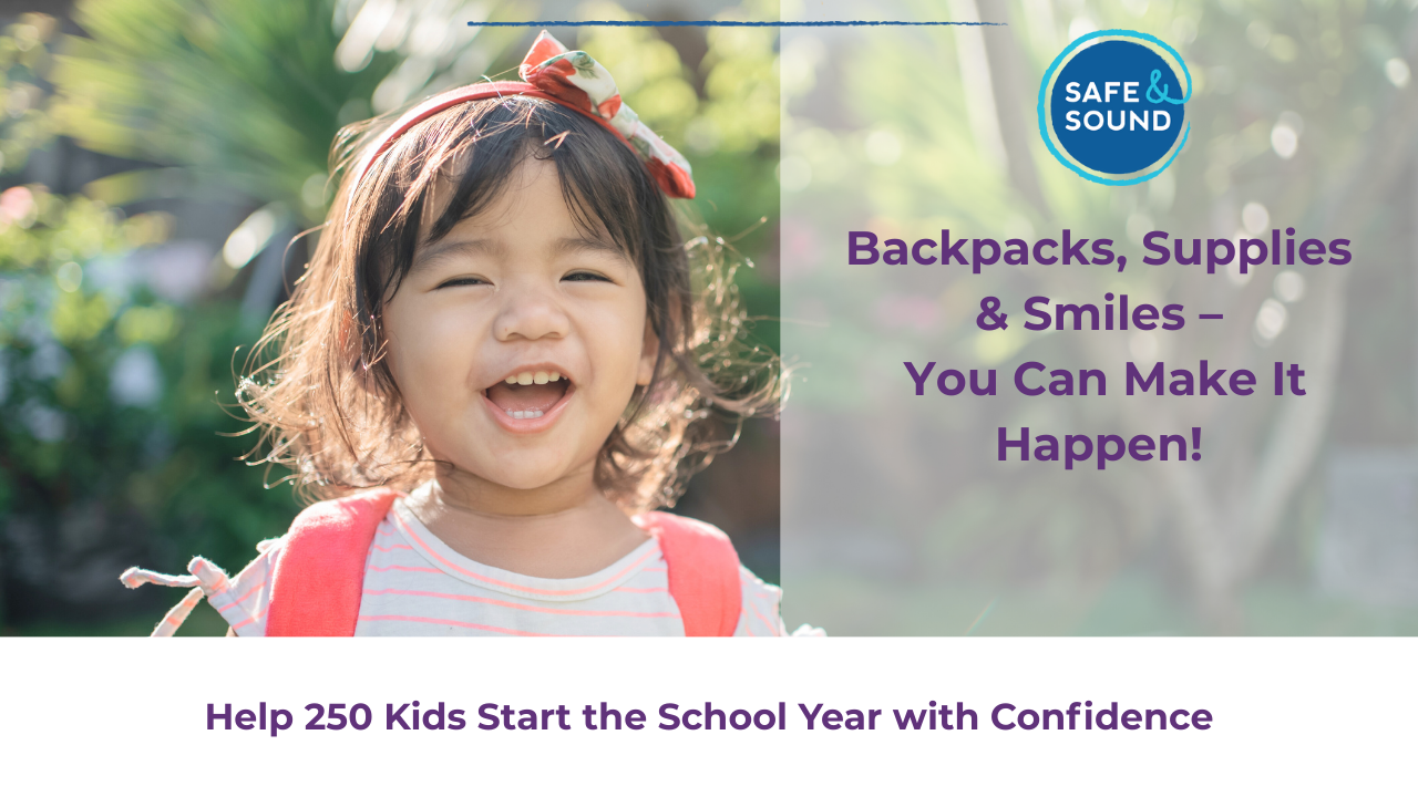 Picture of a happy child wearing a rucksack with the caption Backpacks, Supplies & Smiles - You Can Make It Happen!