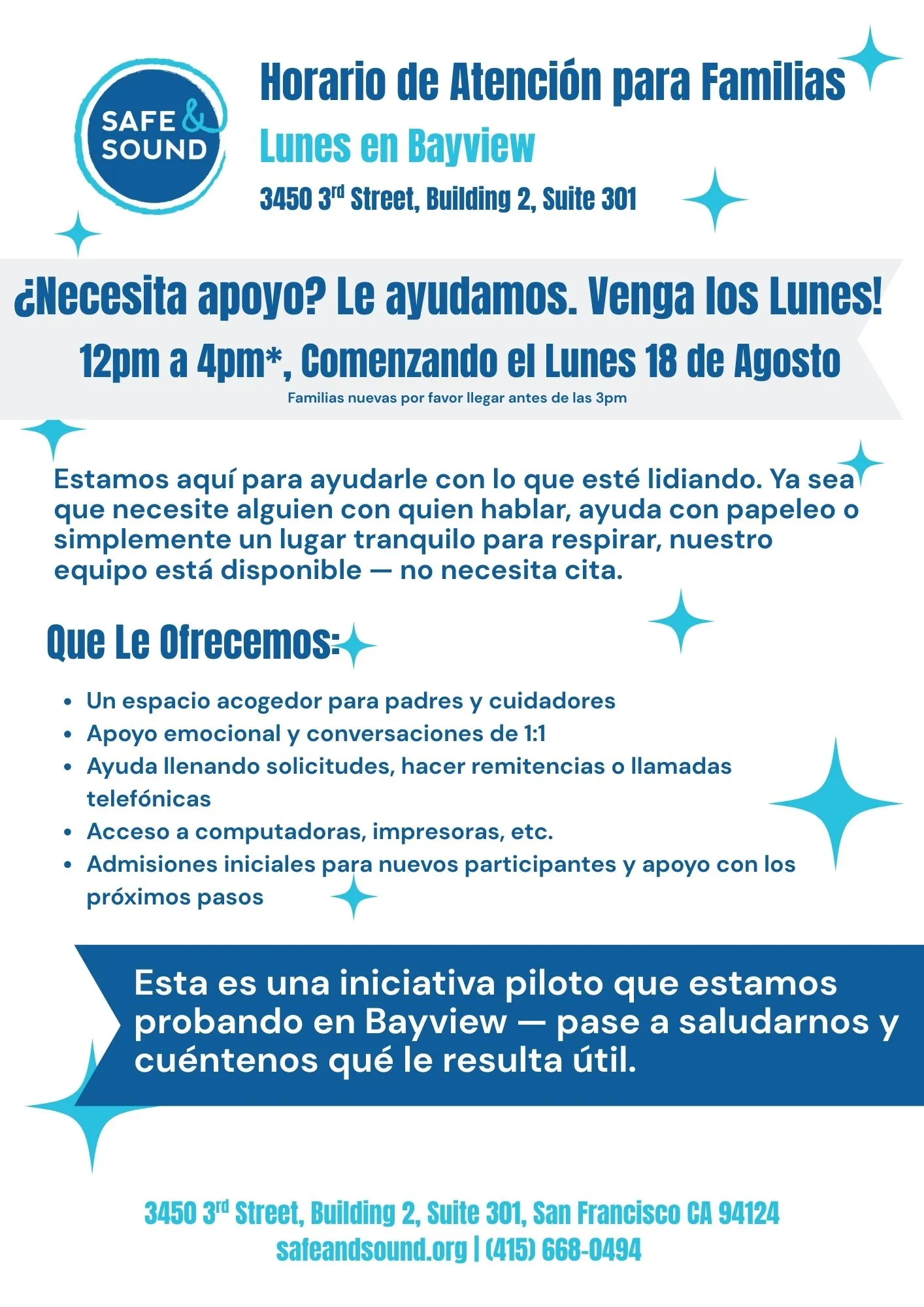 Poster advertising Parent Drop In Services at Bayview in Spanish