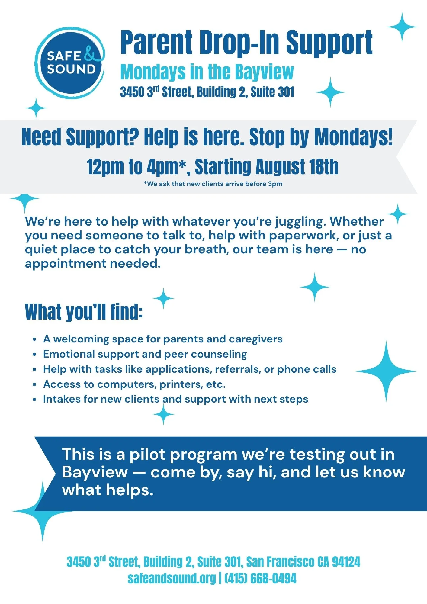 Poster advertising Parent Drop In Services at Bayview in English