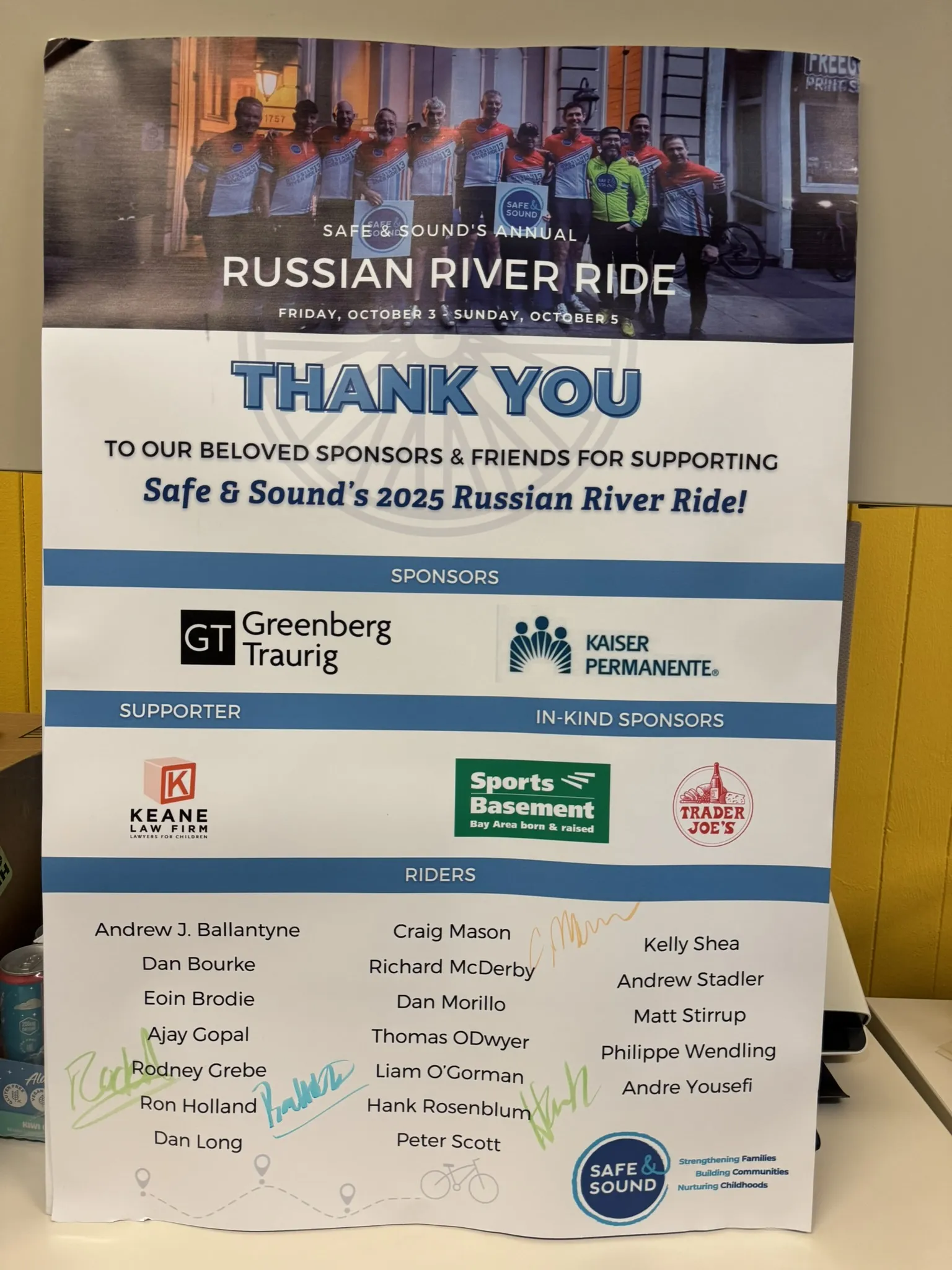 A thank you poster listing the cyclists and sponsors for the Russian River Ride 2025 event