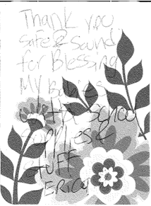 A thank you note from Erica saying: Thank you Safe & Sound for blessing my babies with school supplies & stuff.