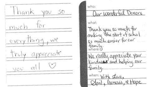 2 notes, reading: Thank you so much for everything, we truly appreciate you all And Our Wonderful Donors, Thank you so much for making the start of school so much easier for our family. We really appreciate your kindness and helping our family. With love, April, Genesis & Hope.